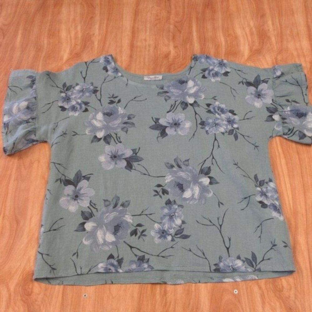 ELENA BALDI Linen Floral Print Flutter Sleeve Blouse Size S Relaxed Fit Boxy Top